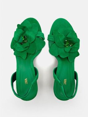 ZARA Emerald Green Suede Slingback Heels with Floral Jewel Accent
